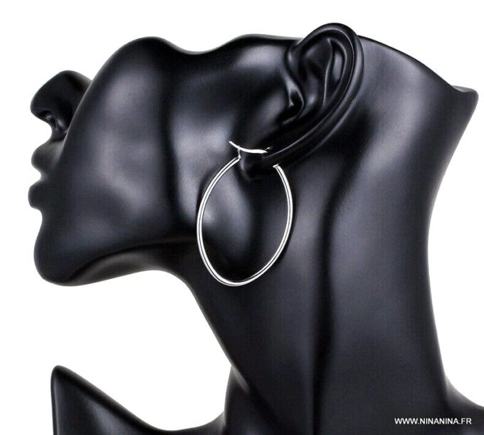 N6600a Créoles ovales femme en acier inoxydable argenté - Bijoux boucles d oreilles en ligne Ninanina