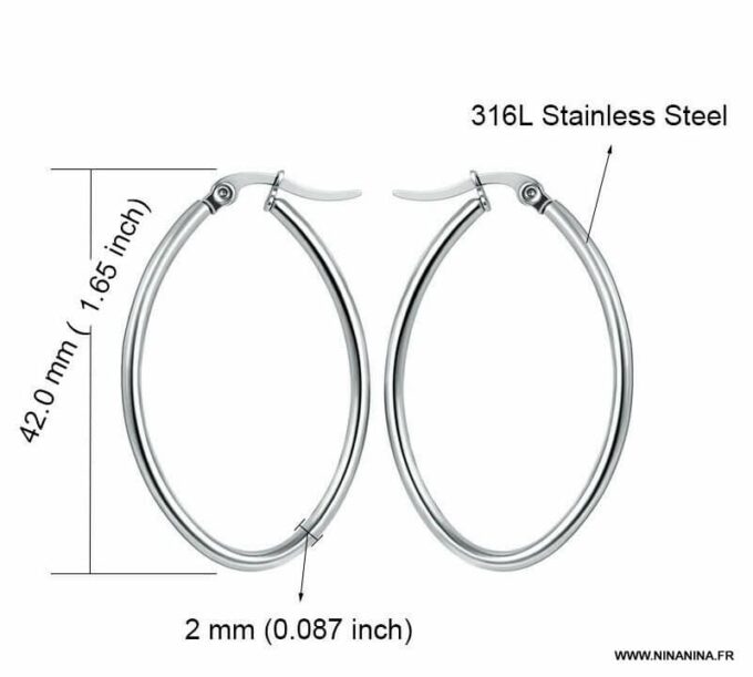 N6600b Créoles ovales femme en acier inoxydable argenté - Bijoux boucles d oreilles en ligne Ninanina