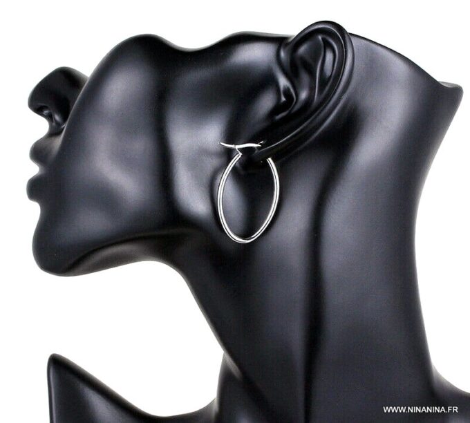 N6600c Créoles ovales femme en acier inoxydable argenté - Bijoux boucles d oreilles en ligne Ninanina