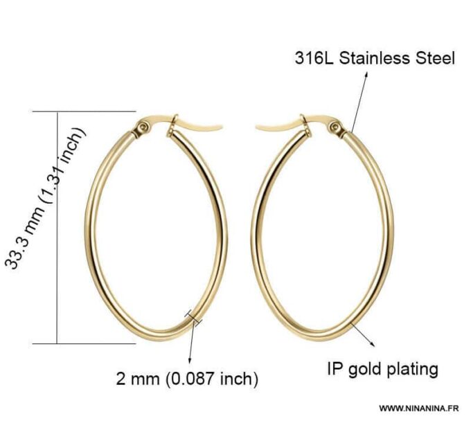 N6601b Créoles dorées épaisses en acier inoxydable forme ovale - Bijoux boucles d oreilles en ligne Ninanina