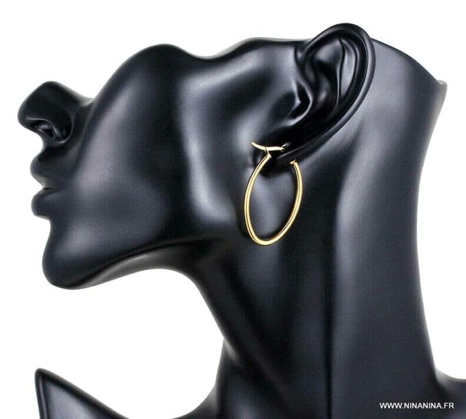 N6601c Créoles dorées épaisses en acier inoxydable forme ovale - Bijoux boucles d oreilles en ligne Ninanina