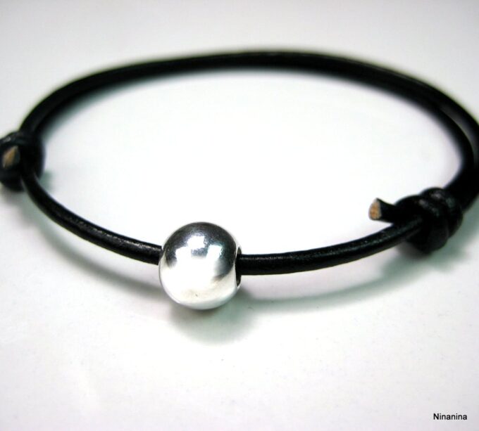 N1149tera bracelet cordon cuir et perle argent massif