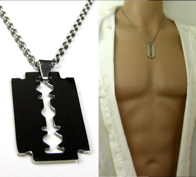 N2480 Collier pendentif lame de rasoir Acier argenté homme - Bijoux Colliers en ligne Ninanina