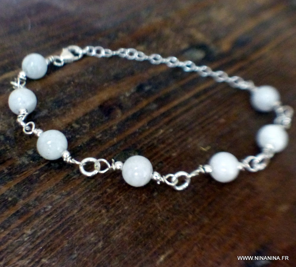 Bracelet Pierre de lune naturelle perles et argent 925 - Ninanina