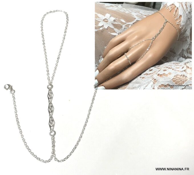 N6604a Bracelet bague argent femme – chaine de main fine - Bijoux Bracelets en ligne Ninanina