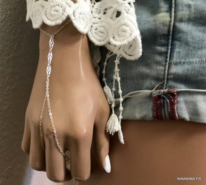 N6604a Bracelet bague argent femme - chaine de main - Bijoux Bracelets Femmes en ligne Ninanina