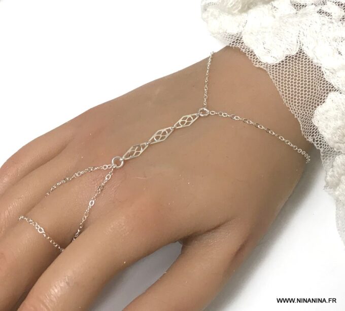 N6604b Bracelet bague argent femme – chaine de main fine - Bijoux Bracelets en ligne Ninanina