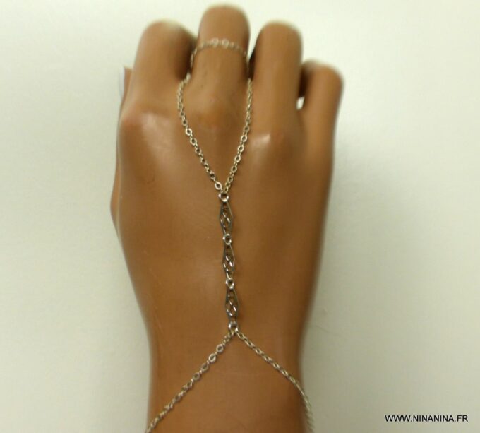 N6604b Bracelet bague argent femme - chaine main - Bijoux Bracelets en ligne Ninanina