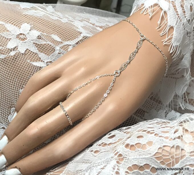 N6604c Bracelet bague argent femme – chaine de main fine - Bijoux Bracelets en ligne Ninanina