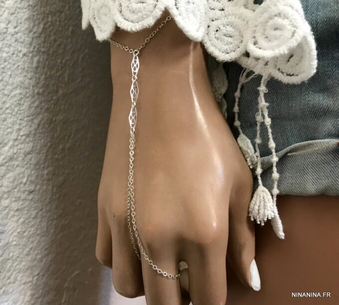 N6604c Bracelet bague argent femme - chaine de main - Bijoux Bracelets Femmes en ligne Ninanina