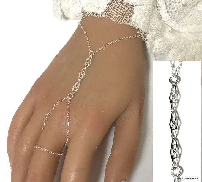 N6604d Bracelet bague argent femme – chaine de main fine - Bijoux Bracelets en ligne Ninanina