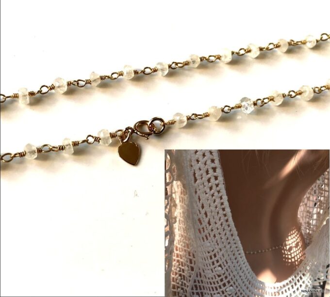 N6605c Chaine taille plaqué or et pierre de lune blanche véritable - Bijoux Chaines en ligne Ninanina