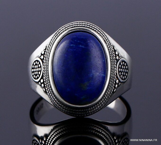 N6608a Bague homme lapis lazuli ovale - Chevalière argent - Bijoux Bagues en ligne Ninanina