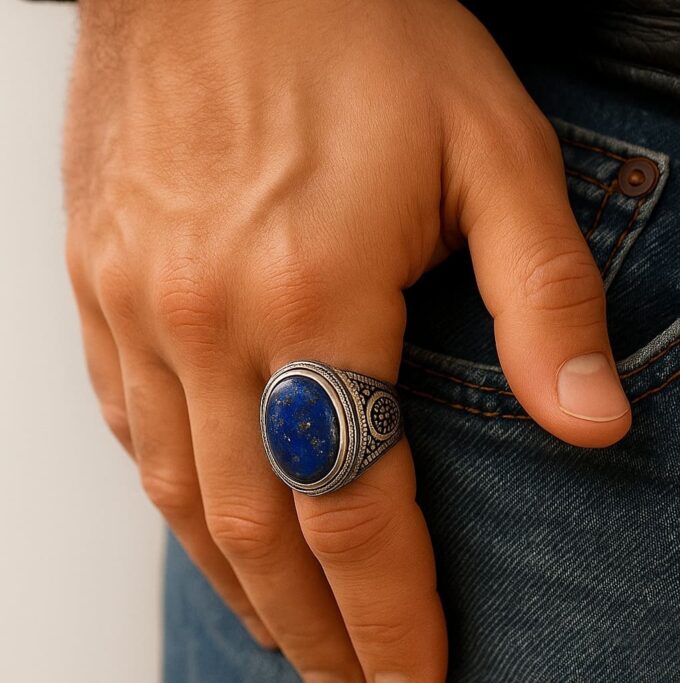 N6608a Bague pour homme lapis lazuli argent - chevalière ovale pierre bleue - Bijoux bagues hommes en ligne Ninanina