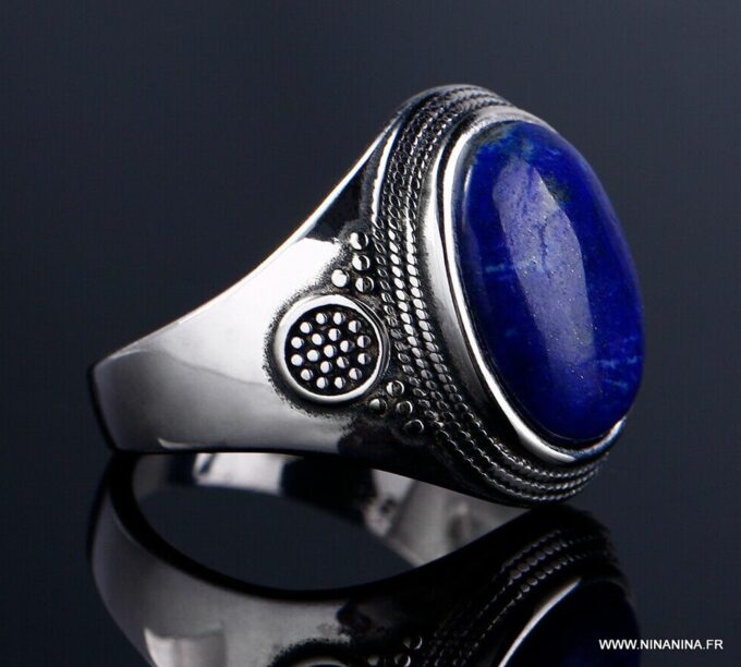 N6608c Bague homme lapis lazuli ovale - Chevalière argent - Bijoux Bagues en ligne Ninanina