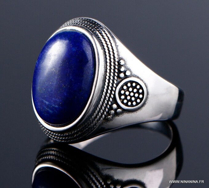 N6608d Bague homme lapis lazuli ovale - Chevalière argent - Bijoux Bagues en ligne Ninanina