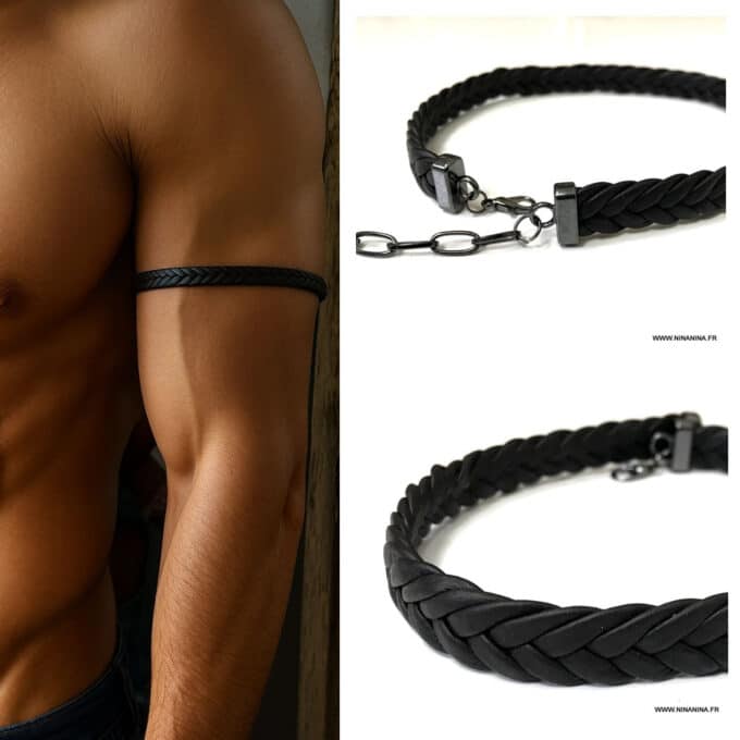 N6613d Bracelet de bras pour homme en cuir noir tressé - Brassard large artisanal - Bijoux bracelets de biceps en ligne Ninaninaa
