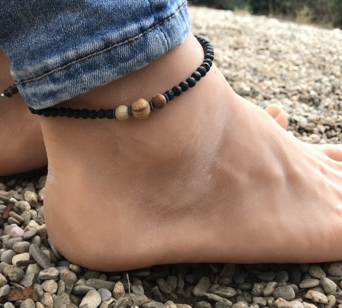 N6616 Bracelet cheville été pierre de lave et jaspe naturel - Bijoux Bracelets en ligne Ninanina