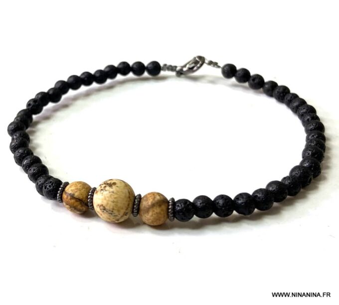 N6616 Bracelet cheville été pierre de lave et jaspe naturel - Bijoux Bracelets en ligne Ninanina