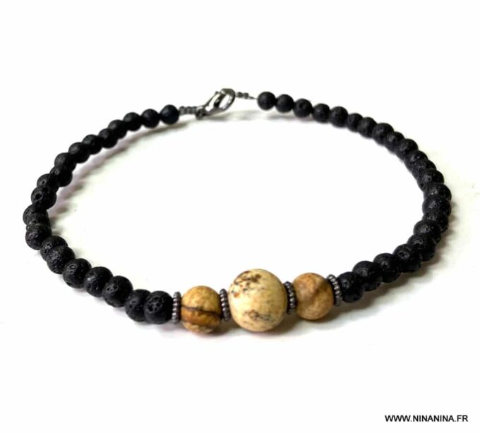 N6616b Bracelet cheville été pierre de lave et jaspe naturel - Bijoux Bracelets en ligne Ninanina
