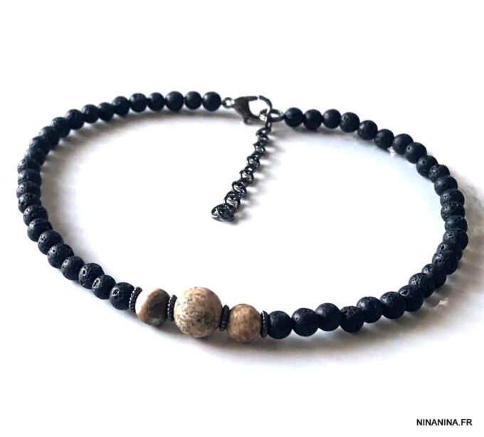 N6616d Bracelet cheville été pierre de lave et jaspe naturel - Bijoux Bracelets en ligne Ninanina