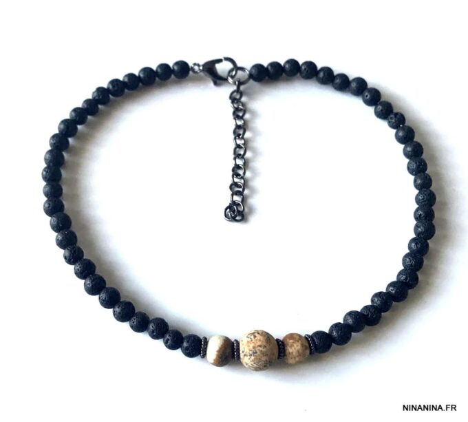 N6616e Bracelet cheville été pierre de lave et jaspe naturel - Bijoux Bracelets en ligne Ninanina
