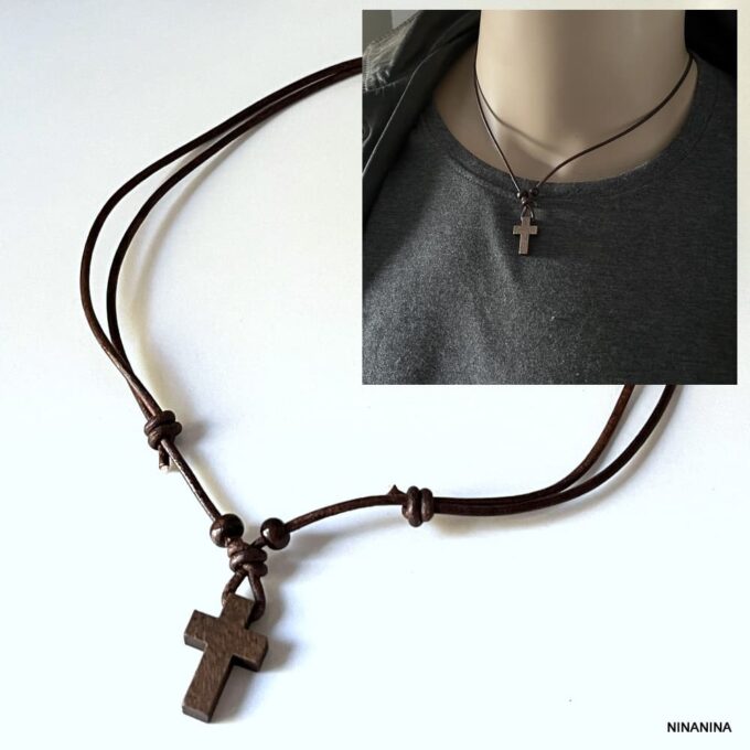 N6620f Collier homme croix en bois sur cordon cuir ajustable - Bijoux Colliers religieux hommes cuir en ligne ninanina