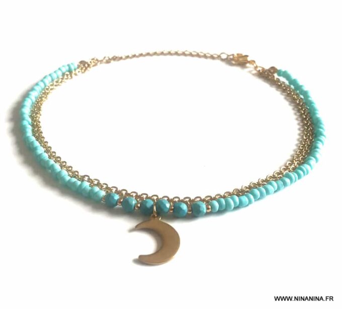 N6626a Chaine de cheville turquoise naturelle et Acier inoxydable doré - Bijoux Chaines en ligne Ninanina
