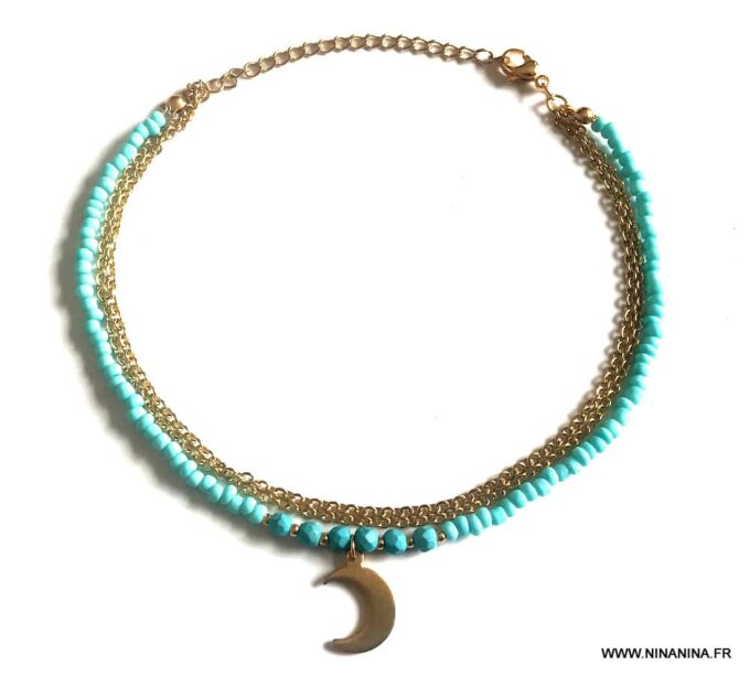 N6626c Chaine de cheville turquoise naturelle et Acier inoxydable doré - Bijoux Chaines en ligne Ninanina