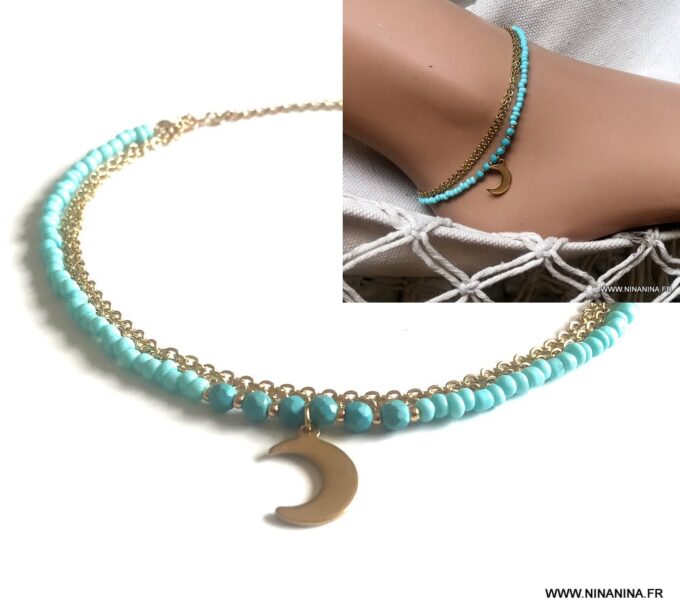 N6626e Chaine de cheville turquoise naturelle et Acier inoxydable doré - Bijoux Chaines en ligne Ninanina