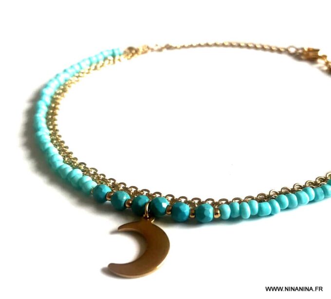 N6626g Chaine de cheville turquoise naturelle et Acier inoxydable doré - Bijoux Chaines en ligne Ninanina