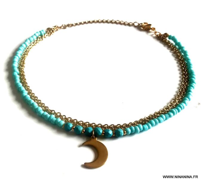 N6626h Chaine de cheville turquoise naturelle et Acier inoxydable doré - Bijoux Chaines en ligne Ninanina