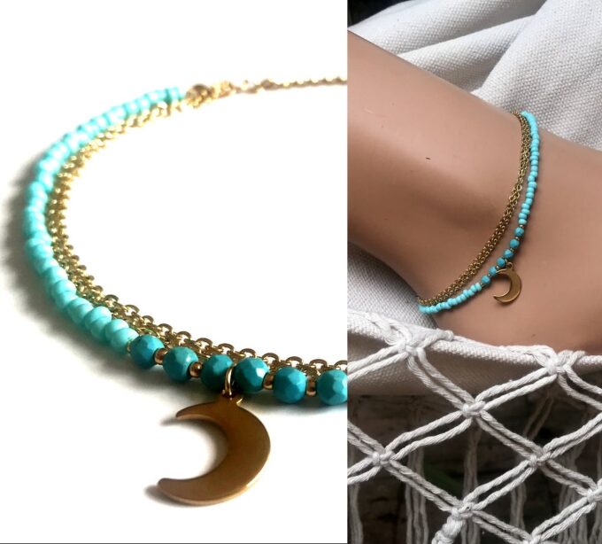 N6626i Chaine de cheville turquoise naturelle et Acier inoxydable doré - Bijoux Chaines en ligne Ninanina