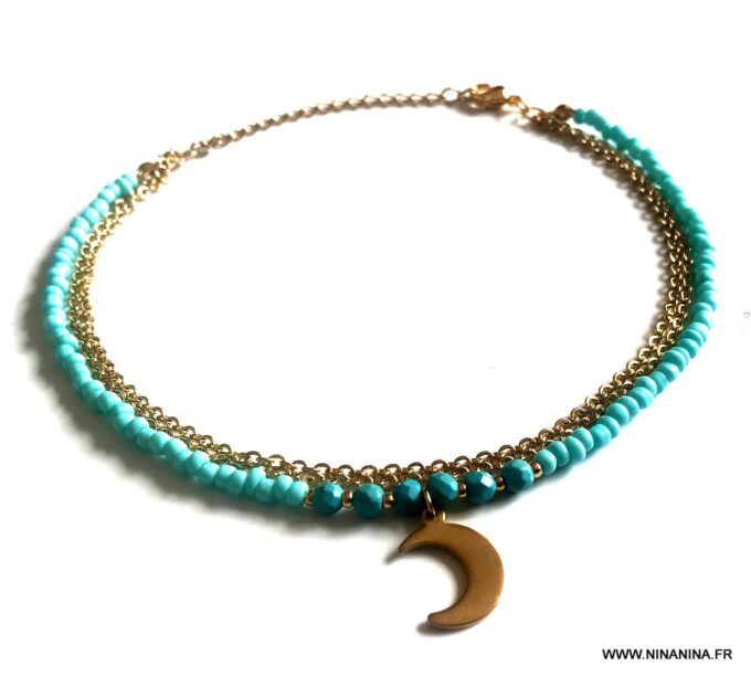 N6626k Chaine de cheville turquoise naturelle et Acier inoxydable doré - Bijoux Chaines en ligne Ninanina