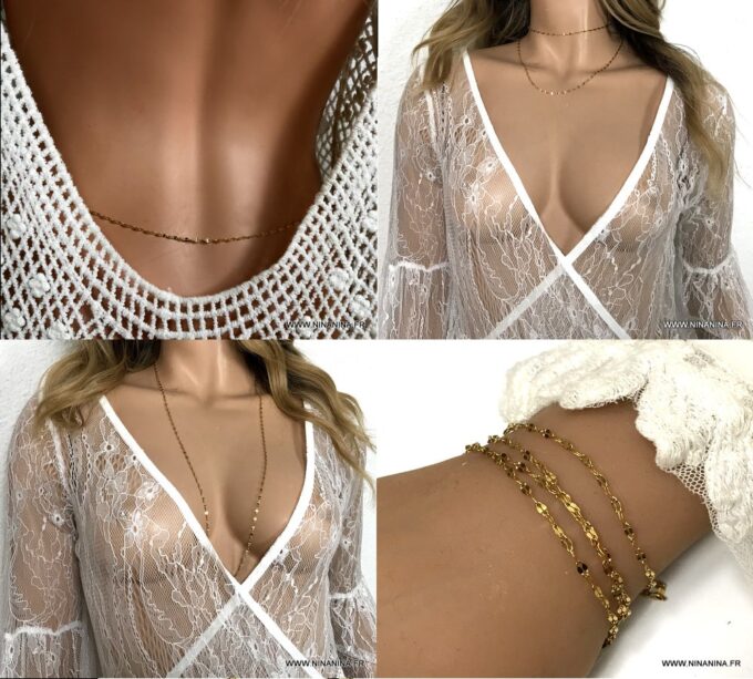 N6652 Chaine de taille pour femme acier doré plaqué or maille grain de café - Bijoux Chaines en ligne Ninanina