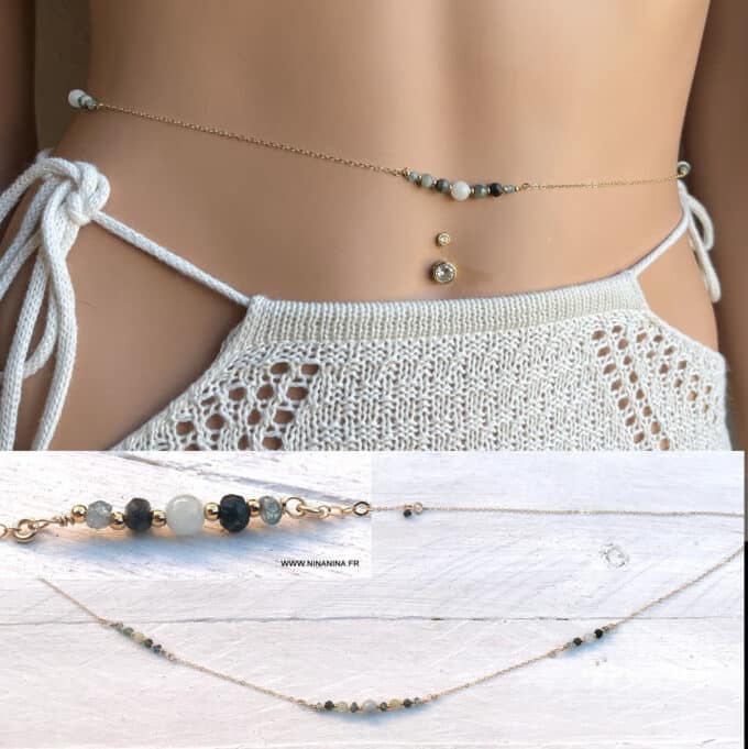 N6658 Chainette taille plaqué or aiguemarine émeraude zircon bleu - Bijoux de corps sensuels en ligne Ninanina