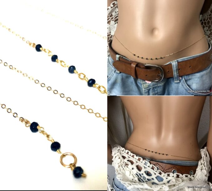 N6629d - Chaine avec pierre précieuse saphir bleu et argent 925 pour la taille - Bijoux Chaines de corps en ligne Ninanina