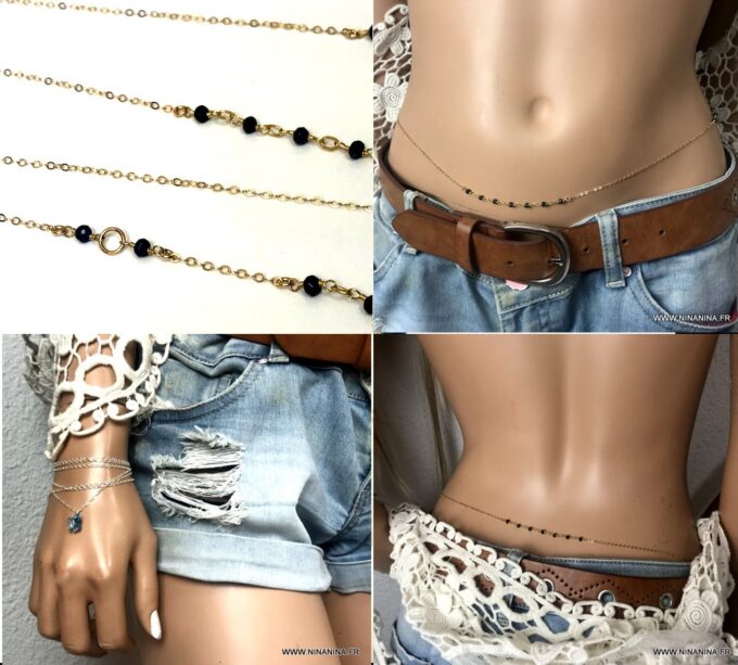 N6629g - Chaine avec pierre précieuse saphir bleu et argent 925 pour la taille - Bijoux Chaines de corps en ligne Ninanina