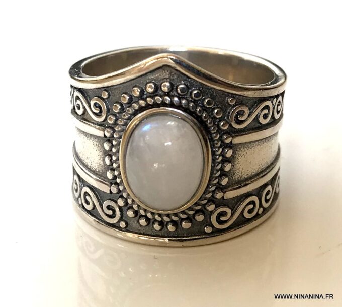 N6638 Bague cabochon pierre de lune ovale et Argent 925 plaqué homme et femme - Bijoux Bagues en ligne Ninanina