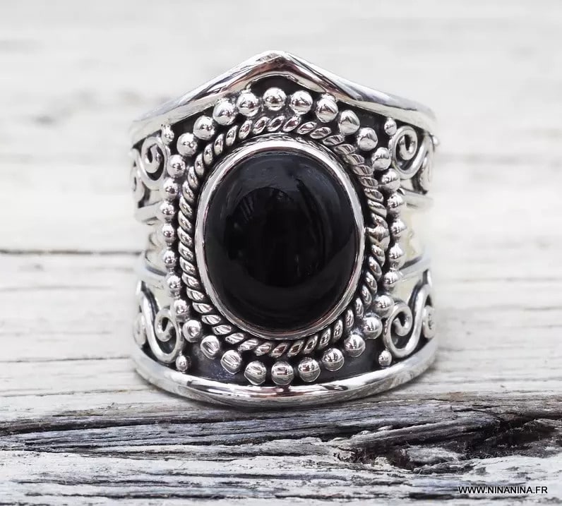 Bague tournante en pierre précieuse ronde en onyx noir, bijoux en argent