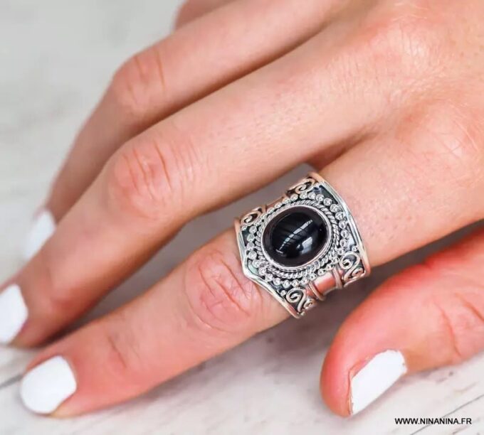 N6639a Bague onyx noir femme ou homme Argent 925 - Bijoux Bagues en ligne Ninanina