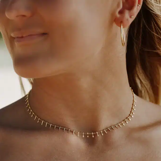 N6646b Collier acier doré femme avec pampilles style oriental fait main en france - Bijoux Colliers en ligne Ninanina