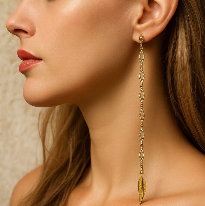 N6657 Boucles d'oreilles longues plumes pendantes acier inoxydable doré - Bijoux d'oreille en ligne artisanaux Ninanina