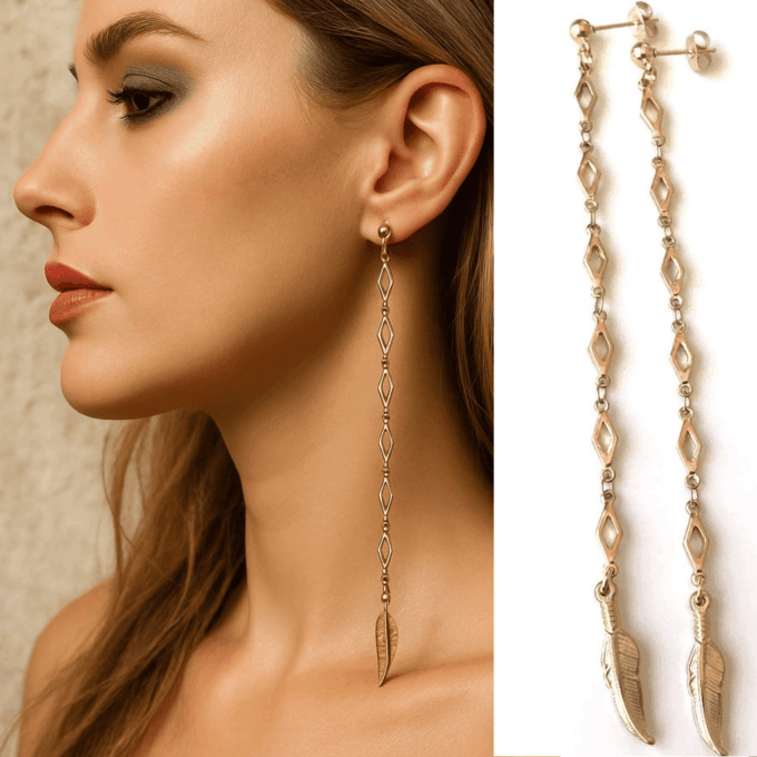 N6657a Boucles d'oreilles longues plumes pendantes acier inoxydable doré - Bijoux d'oreille en ligne artisanaux Ninanina