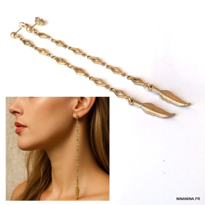 N6657b Boucles d'oreilles longues plumes pendantes acier inoxydable doré - Bijoux d'oreille en ligne artisanaux Ninanina