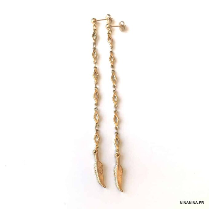 N6657W Boucles d oreilles longues plumes acier doré plaqué or - Bijoux Boucle d oreille en ligne Ninanina