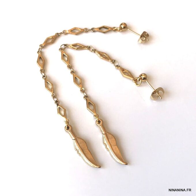 N6657X Boucles d oreilles longues plumes acier doré plaqué or - Bijoux Boucle d oreille en ligne Ninanina