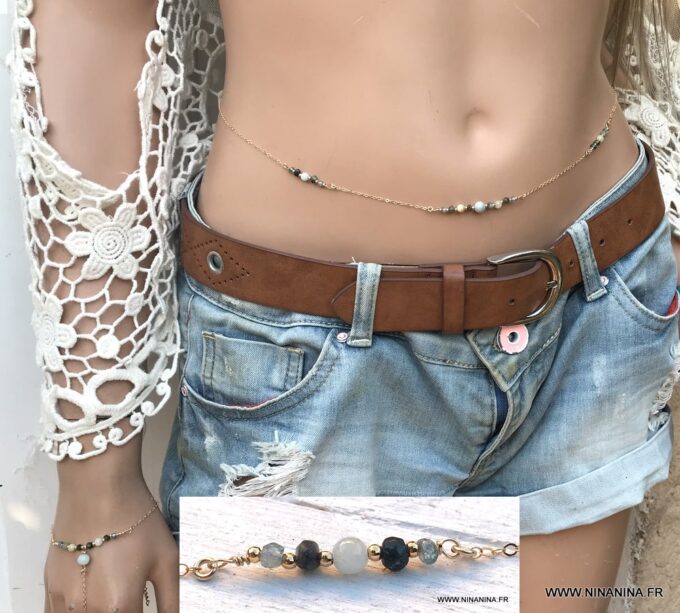 N6658b Chainette taille plaqué or aiguemarine émeraude et zircon bleu - Bijoux Chaines en ligne Ninanina