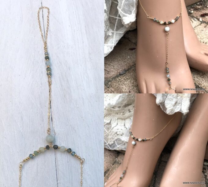 N6659a Chaine pied plaqué or aiguemarine émeraude et zircon bleu - Bijoux Chaines en ligne Ninanina