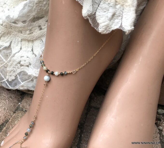 N6659b Chaine pied plaqué or aiguemarine émeraude et zircon bleu - Bijoux Chaines en ligne Ninanina